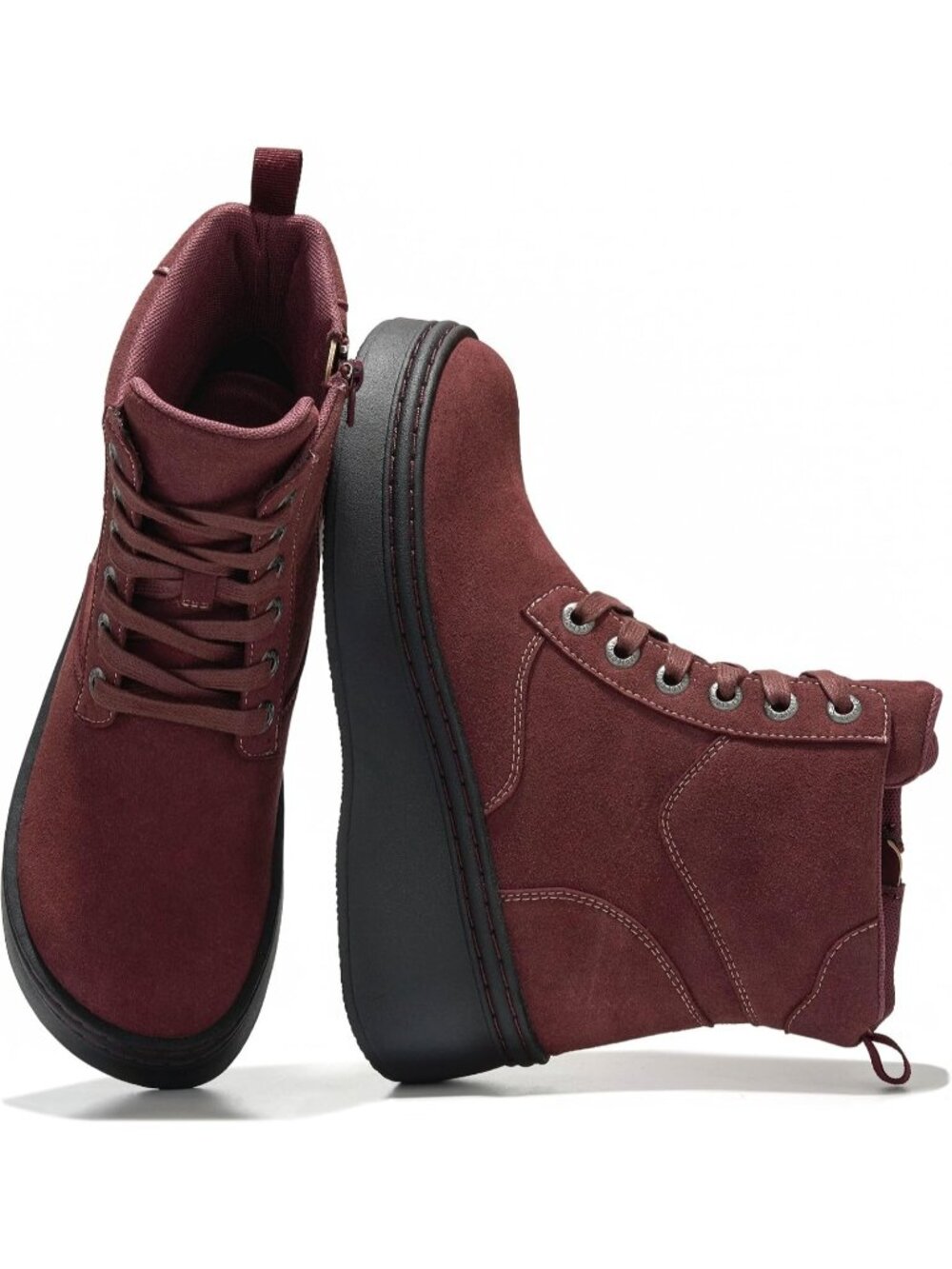 Women's Burgundy Laces Round Toe Comfortable Inside Zipper Platform Ankle Boots